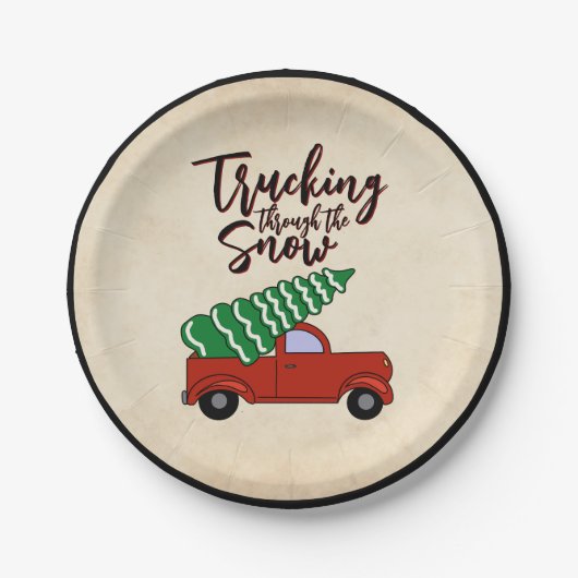 Rode Vrachtwagen Kerstfeest Borden Papieren Bordje (Voorkant)