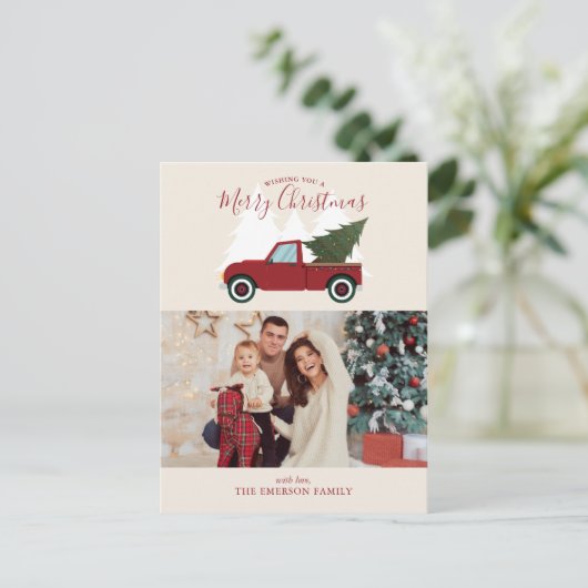  rode vrachtwagen Kerstmis Foto Feestdagenkaart (Staand voorkant)