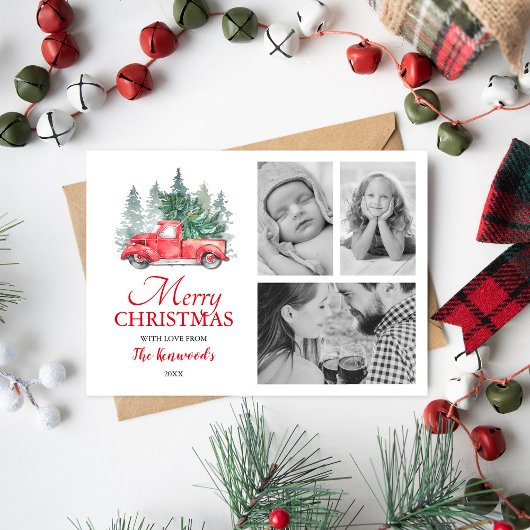 Rode Vrachtwagen Kerstvakantie 3 Foto Feestdagenkaart