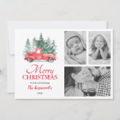 Rode Vrachtwagen Kerstvakantie 3 Foto Feestdagenkaart (Voorkant)