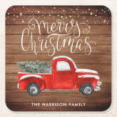  rode vrachtwagen | Klassieke rustieke kerst Kartonnen Onderzetters (Voorkant)