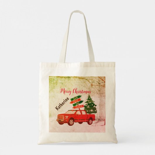 Rode Vrachtwagen Matching rustieke  Vrolijk Kerstf Tote Bag (Achterkant)