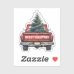 rode vrachtwagen Merry Christmas Contour Cut Sticker<br><div class="desc">Een ouderwets thema kerst met een  rode truck met een kerstboom met sneeuw en vallende sneeuwvlokken. De vrolijke kerst is bewerkbaar.</div>