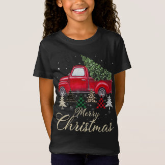 Rode vrachtwagen met buffelplaat en luipaard kerst t-shirt