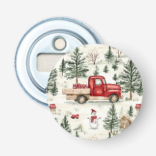 Rode vrachtwagen met cadeaus en sneeuwman button flesopener