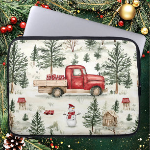 Rode vrachtwagen met cadeaus en sneeuwman laptop sleeve