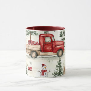 Rode vrachtwagen met cadeaus en sneeuwman mok