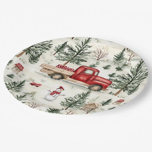 Rode vrachtwagen met cadeaus en sneeuwman papieren bordje (Gekanteld)