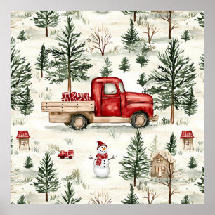 Rode vrachtwagen met cadeaus en sneeuwman poster