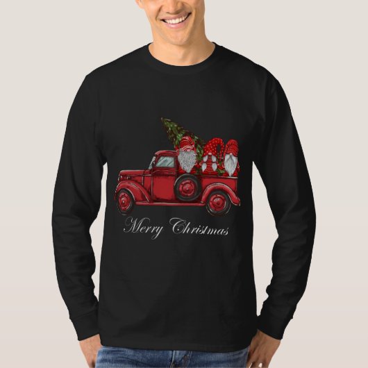  rode vrachtwagen met drie gnomen Merry Christma T-shirt (Voorkant)