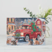 Rode vrachtwagen met Kerst Kitty Katten Feestdagenkaart (Staand voorkant)
