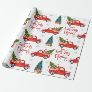Rode  vrachtwagen met kerstbomen cadeaupapier