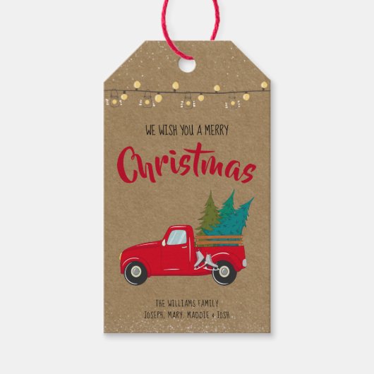 rode vrachtwagen met kerstbomen op Kraft Cadeaulabel (Voorkant)