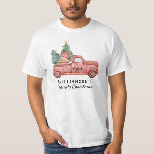  rode vrachtwagen met kerstboom - aangepaste tekst t-shirt (Voorkant)