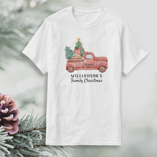  rode vrachtwagen met kerstboom - aangepaste tekst t-shirt