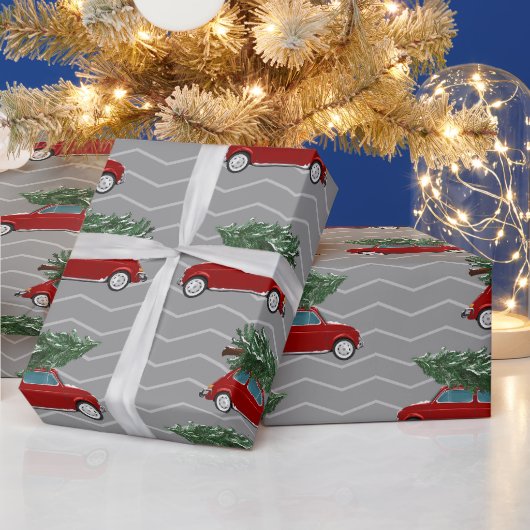  Rode Vrachtwagen met kerstboom Gray Chevron Cadeaupapier (Feestdagen)