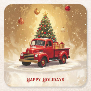 Rode vrachtwagen met kerstboom papieren coasters kartonnen onderzetters