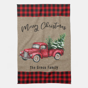 rode vrachtwagen met kerstboom Plaid Family Theedoek