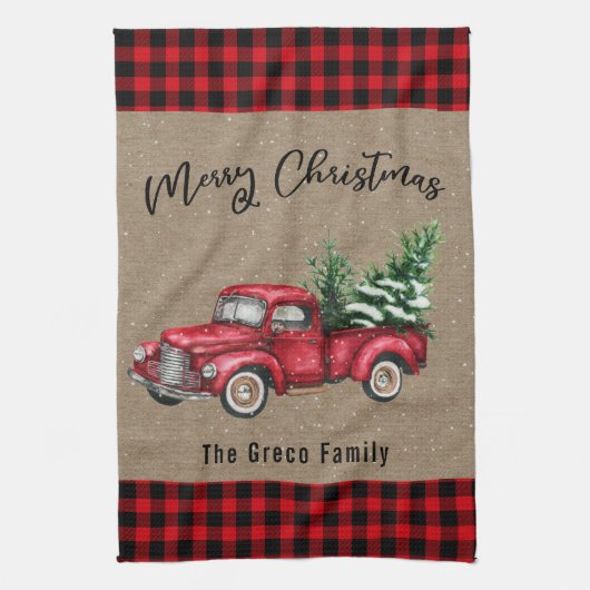rode vrachtwagen met kerstboom Plaid Family Theedoek (Verticaal)