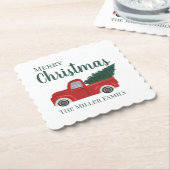 Rode vrachtwagen met kerstboomnaam kartonnen onderzetters (Gebogen)