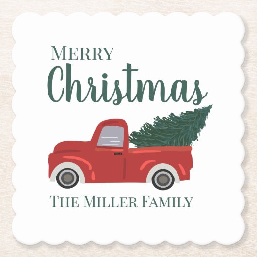Rode vrachtwagen met kerstboomnaam kartonnen onderzetters (Voorkant)