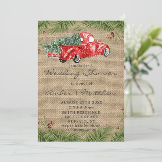 Rode Vrachtwagen met kerstbruiloft nodigt u uit (Staand voorkant)