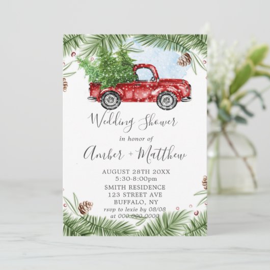 Rode Vrachtwagen met kerstbruiloft nodigt u uit (Staand voorkant)