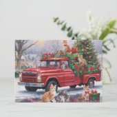 Rode vrachtwagen met kerstcadeaus en katjes feestdagenkaart (Staand voorkant)