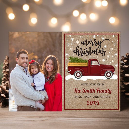  Rode vrachtwagen met kerstfoto's met bomen Feestdagenkaart