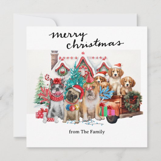 rode vrachtwagen met kersthonden feestdagenkaart (Voorkant)