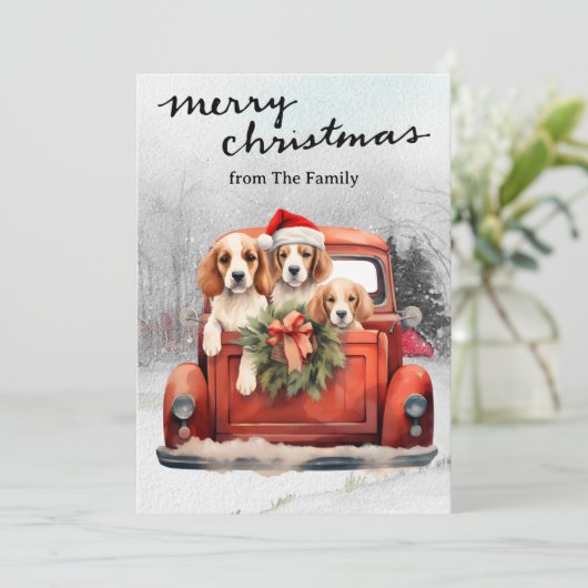  rode vrachtwagen met kersthonden feestdagenkaart (Staand voorkant)