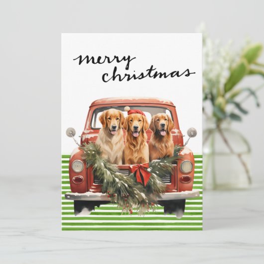  rode vrachtwagen met kersthonden feestdagenkaart (Staand voorkant)