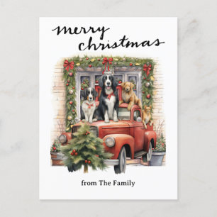 rode vrachtwagen met kersthonden feestdagenkaart