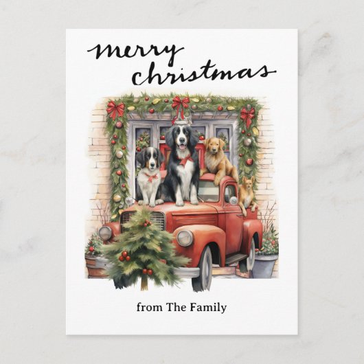rode vrachtwagen met kersthonden feestdagenkaart (Voorkant)