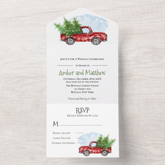  Rode vrachtwagen met sneeuwkerstweddenschap All In One Uitnodiging (Binnen)