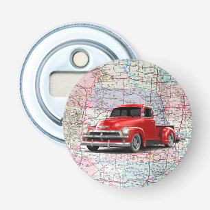 Rode vrachtwagen op de weg button flesopener