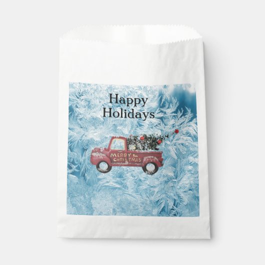 rode  vrachtwagen op een blauwe sneeuwvlok bedankzakje (Voorkant)