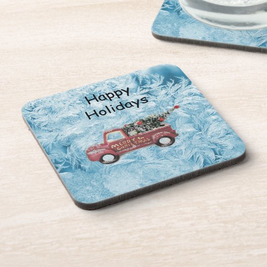 rode  vrachtwagen op een blauwe sneeuwvlok bier onderzetter (Linkerzijde)