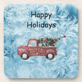 rode  vrachtwagen op een blauwe sneeuwvlok bier onderzetter