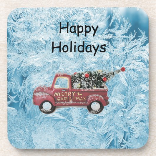 rode vrachtwagen op een blauwe sneeuwvlok bier onderzetter (Voorkant)