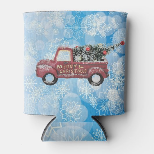 rode  vrachtwagen op een blauwe sneeuwvlok blikjeskoeler (Voorkant)