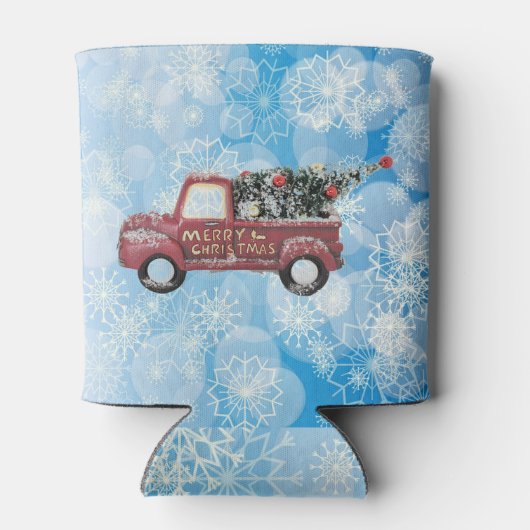 rode  vrachtwagen op een blauwe sneeuwvlok blikjeskoeler (Achterkant)