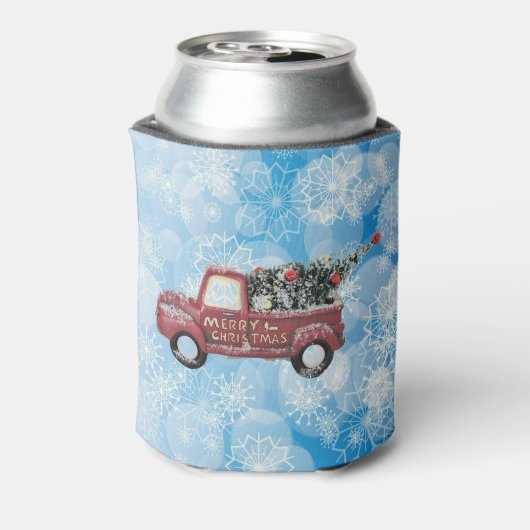 rode  vrachtwagen op een blauwe sneeuwvlok blikjeskoeler (Blikje Achterkant)