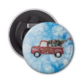 rode vrachtwagen op een blauwe sneeuwvlok button flesopener (Voorkant)