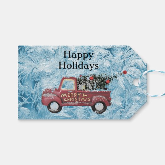 rode  vrachtwagen op een blauwe sneeuwvlok cadeaulabel (Voorkant (Horizontaal))