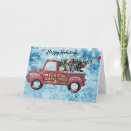rode  vrachtwagen op een blauwe sneeuwvlok feestdagen kaart