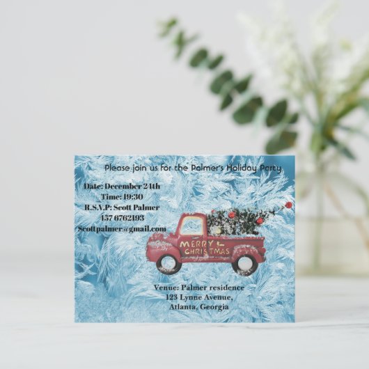 rode  vrachtwagen op een blauwe sneeuwvlok feestdagenkaart (Staand voorkant)