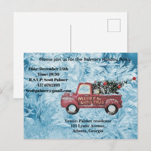 rode  vrachtwagen op een blauwe sneeuwvlok feestdagenkaart (Voorkant / Achterkant)