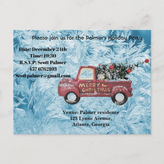 rode  vrachtwagen op een blauwe sneeuwvlok feestdagenkaart (Voorkant)