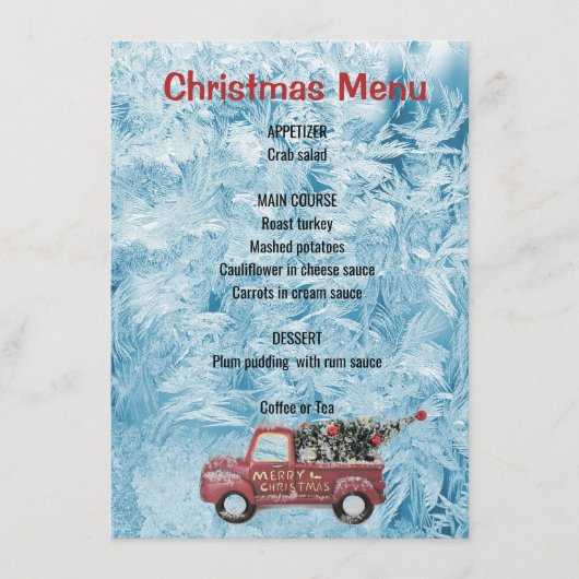 rode  vrachtwagen op een blauwe sneeuwvlok menu (Voorkant)